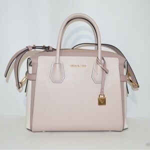 MICHAEL KORS MERCER MEDIUM TRI-COLOR PEBBLED LEATHER BELTED SATCHEL